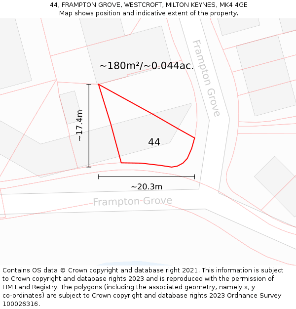 44, FRAMPTON GROVE, WESTCROFT, MILTON KEYNES, MK4 4GE: Plot and title map
