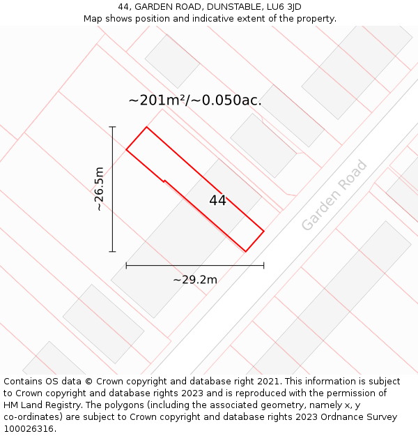 44, GARDEN ROAD, DUNSTABLE, LU6 3JD: Plot and title map