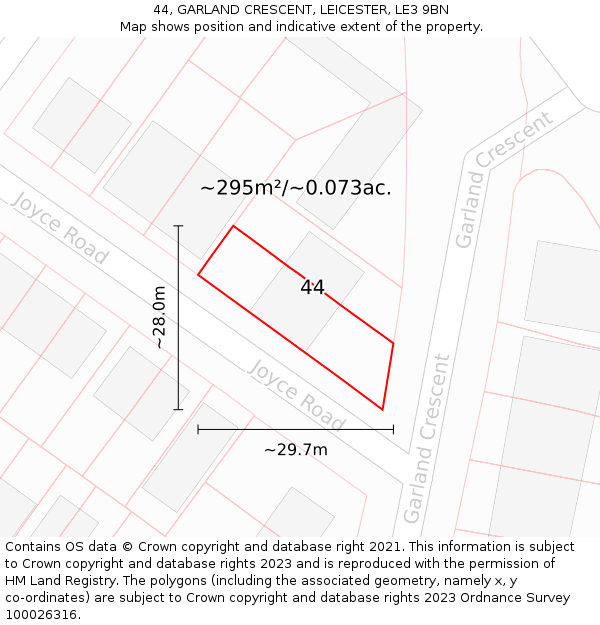 44, GARLAND CRESCENT, LEICESTER, LE3 9BN: Plot and title map