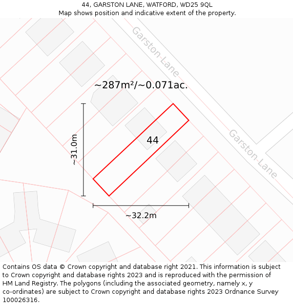 44, GARSTON LANE, WATFORD, WD25 9QL: Plot and title map