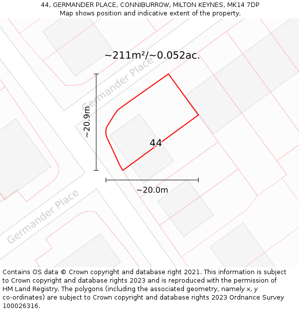 44, GERMANDER PLACE, CONNIBURROW, MILTON KEYNES, MK14 7DP: Plot and title map