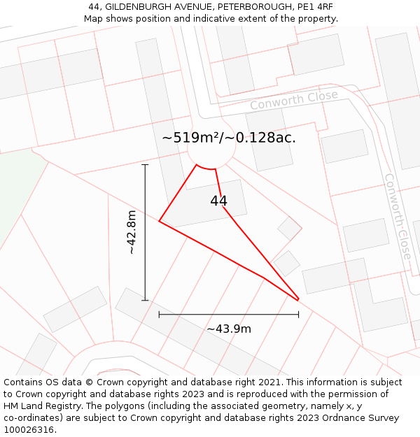 44, GILDENBURGH AVENUE, PETERBOROUGH, PE1 4RF: Plot and title map