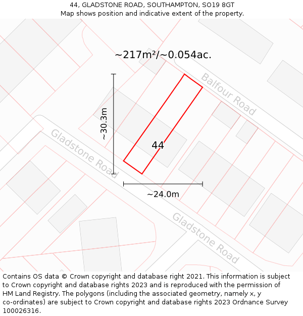 44, GLADSTONE ROAD, SOUTHAMPTON, SO19 8GT: Plot and title map