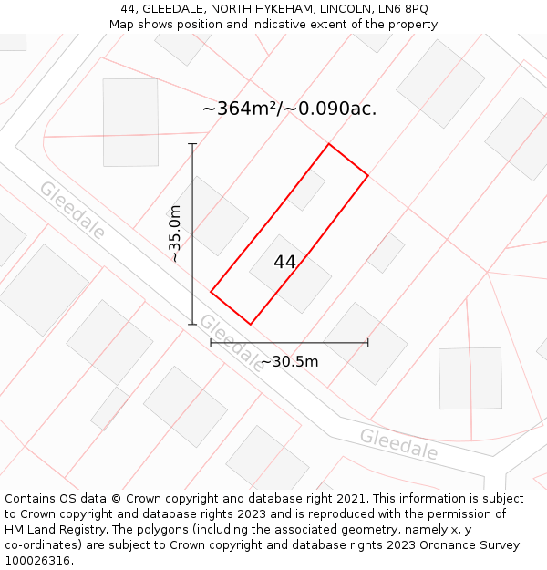 44, GLEEDALE, NORTH HYKEHAM, LINCOLN, LN6 8PQ: Plot and title map