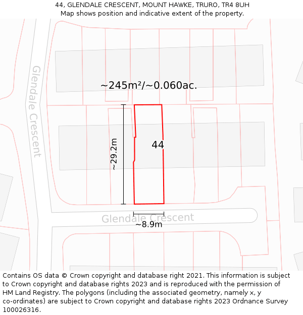 44, GLENDALE CRESCENT, MOUNT HAWKE, TRURO, TR4 8UH: Plot and title map