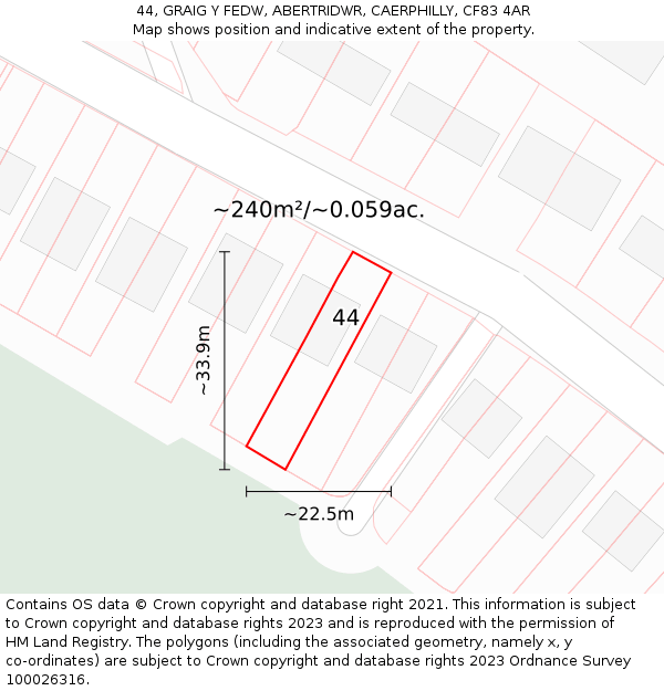 44, GRAIG Y FEDW, ABERTRIDWR, CAERPHILLY, CF83 4AR: Plot and title map