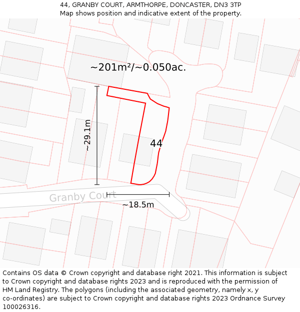 44, GRANBY COURT, ARMTHORPE, DONCASTER, DN3 3TP: Plot and title map