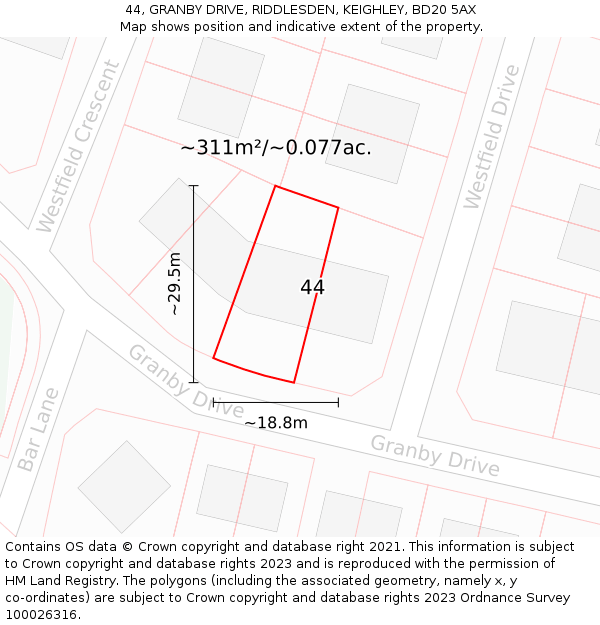 44, GRANBY DRIVE, RIDDLESDEN, KEIGHLEY, BD20 5AX: Plot and title map