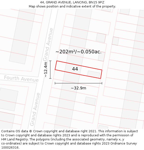 44, GRAND AVENUE, LANCING, BN15 9PZ: Plot and title map