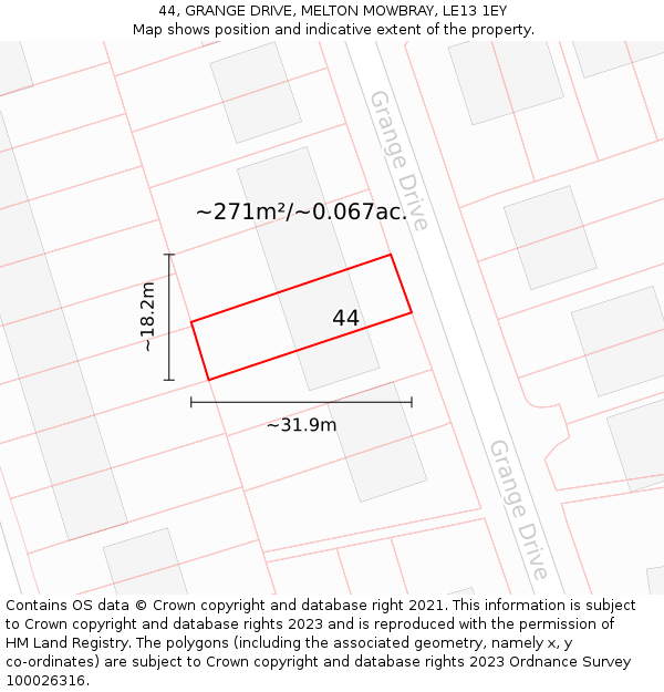 44, GRANGE DRIVE, MELTON MOWBRAY, LE13 1EY: Plot and title map