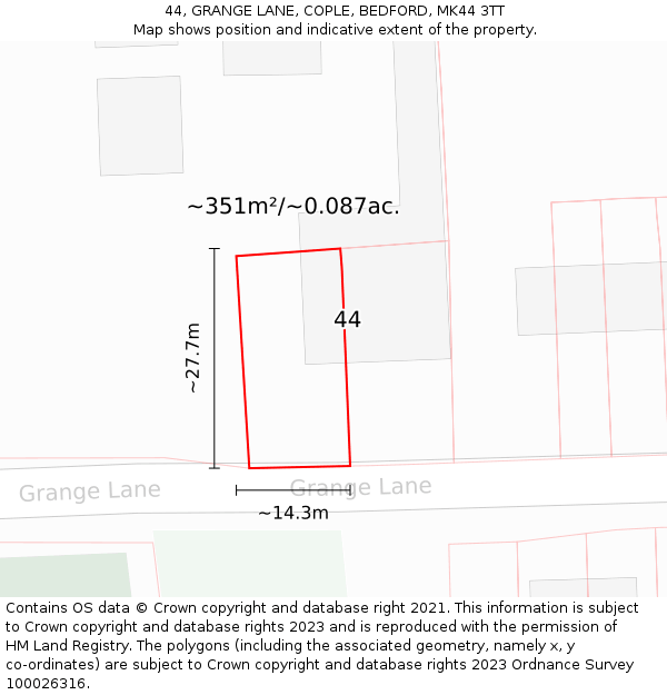 44, GRANGE LANE, COPLE, BEDFORD, MK44 3TT: Plot and title map