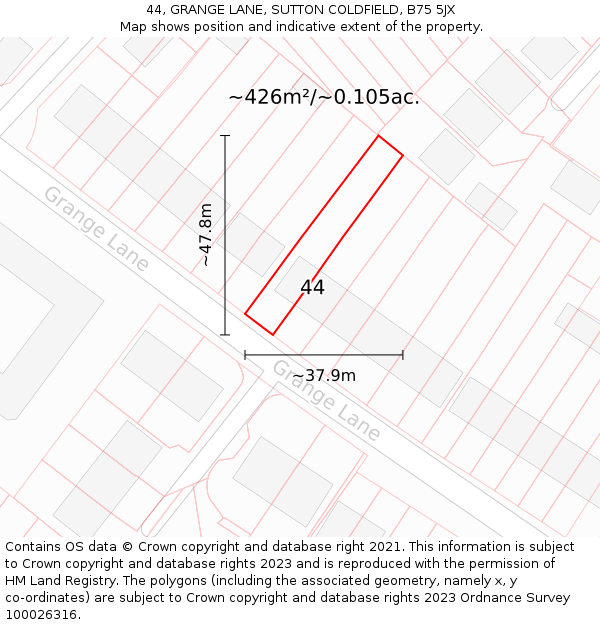 44, GRANGE LANE, SUTTON COLDFIELD, B75 5JX: Plot and title map