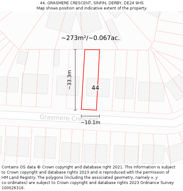 44, GRASMERE CRESCENT, SINFIN, DERBY, DE24 9HS: Plot and title map