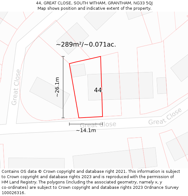 44, GREAT CLOSE, SOUTH WITHAM, GRANTHAM, NG33 5QJ: Plot and title map