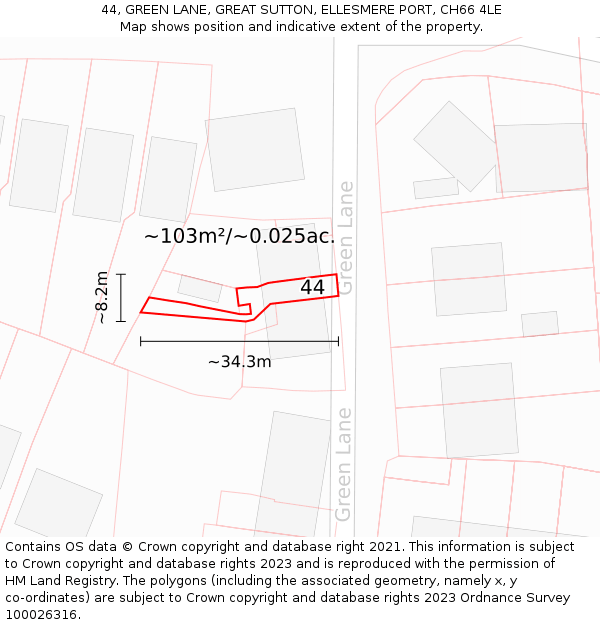 44, GREEN LANE, GREAT SUTTON, ELLESMERE PORT, CH66 4LE: Plot and title map