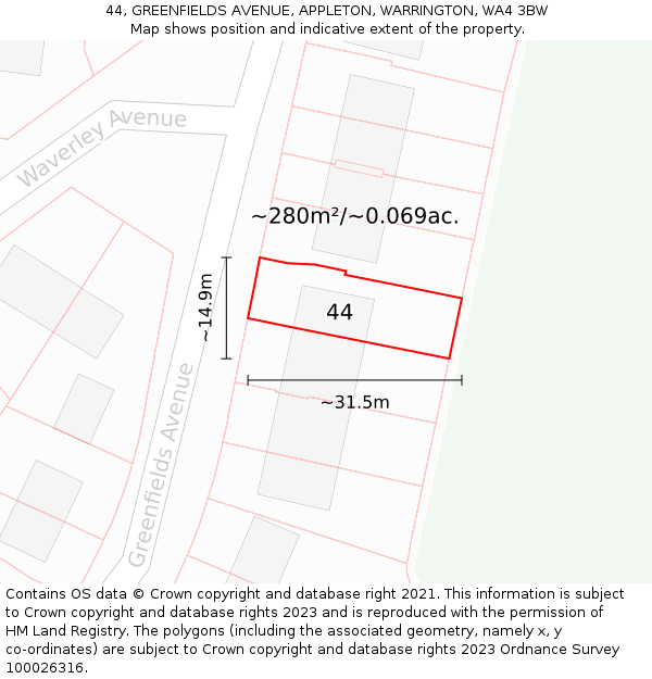 44, GREENFIELDS AVENUE, APPLETON, WARRINGTON, WA4 3BW: Plot and title map
