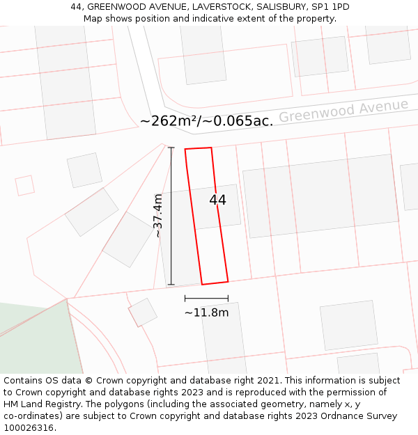 44, GREENWOOD AVENUE, LAVERSTOCK, SALISBURY, SP1 1PD: Plot and title map