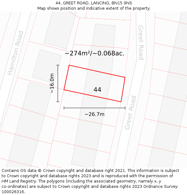 44, GREET ROAD, LANCING, BN15 9NS: Plot and title map