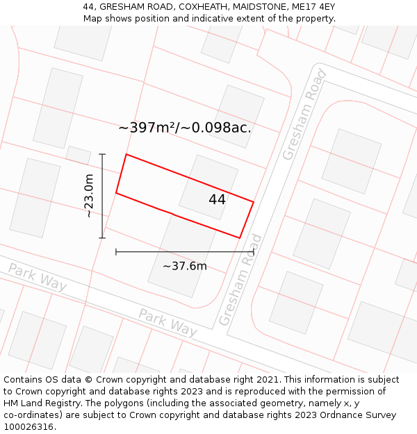 44, GRESHAM ROAD, COXHEATH, MAIDSTONE, ME17 4EY: Plot and title map