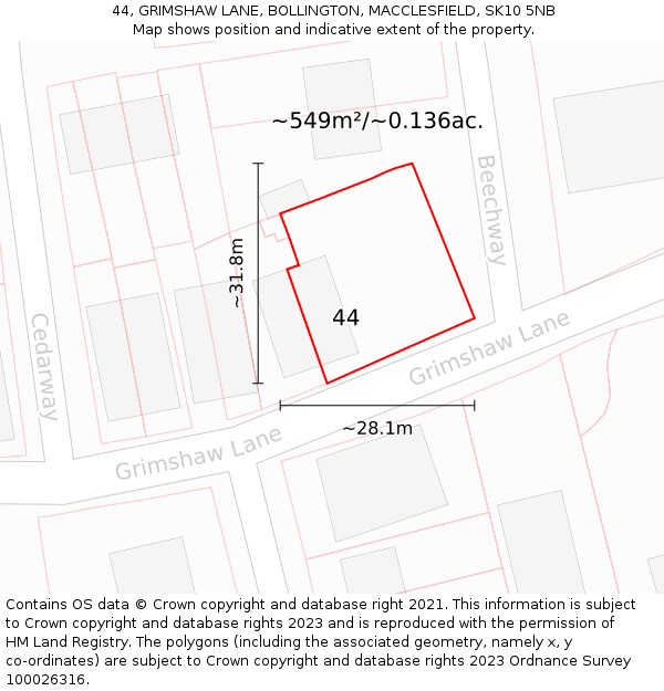 44, GRIMSHAW LANE, BOLLINGTON, MACCLESFIELD, SK10 5NB: Plot and title map