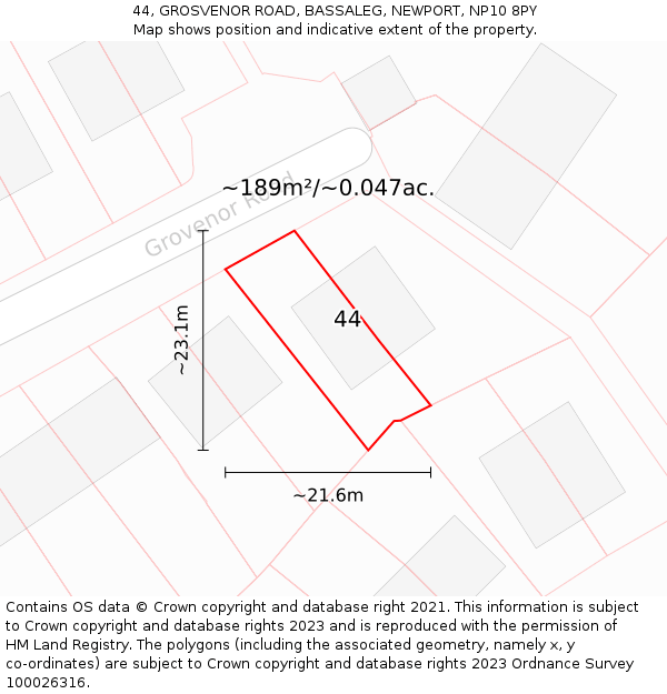 44, GROSVENOR ROAD, BASSALEG, NEWPORT, NP10 8PY: Plot and title map
