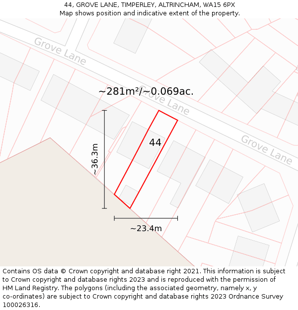 44, GROVE LANE, TIMPERLEY, ALTRINCHAM, WA15 6PX: Plot and title map
