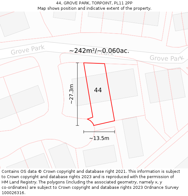 44, GROVE PARK, TORPOINT, PL11 2PP: Plot and title map