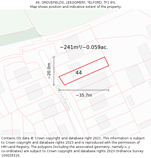 44, GROVEFIELDS, LEEGOMERY, TELFORD, TF1 6YL: Plot and title map