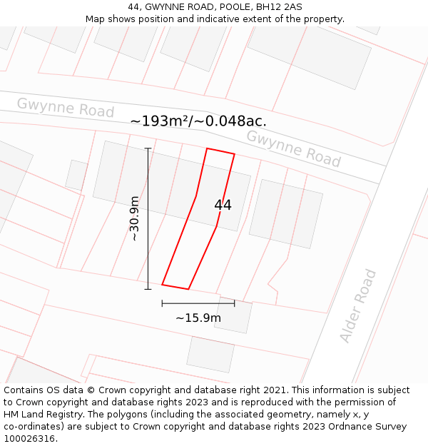 44, GWYNNE ROAD, POOLE, BH12 2AS: Plot and title map