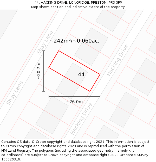 44, HACKING DRIVE, LONGRIDGE, PRESTON, PR3 3FP: Plot and title map