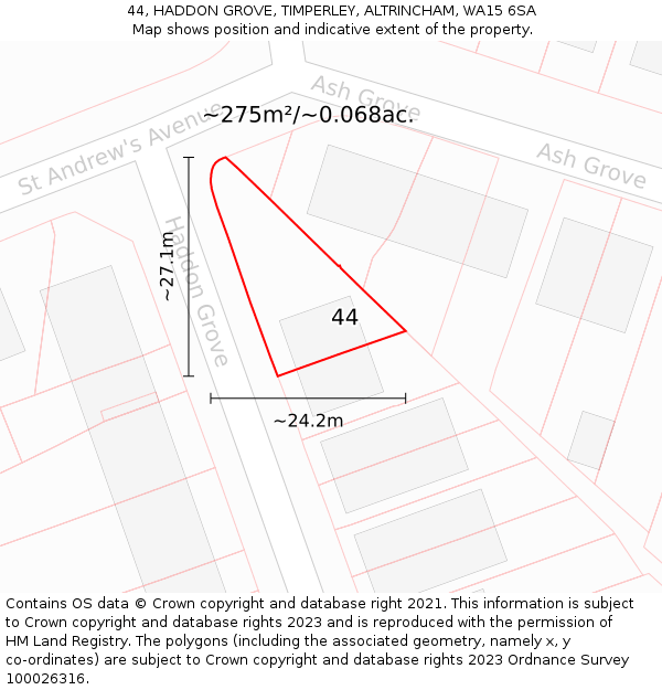44, HADDON GROVE, TIMPERLEY, ALTRINCHAM, WA15 6SA: Plot and title map