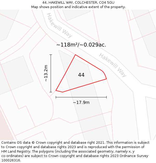 44, HAKEWILL WAY, COLCHESTER, CO4 5GU: Plot and title map