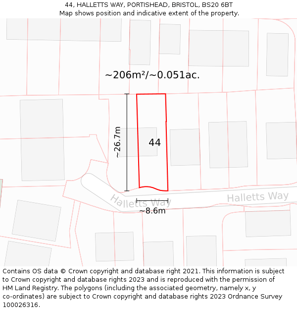 44, HALLETTS WAY, PORTISHEAD, BRISTOL, BS20 6BT: Plot and title map