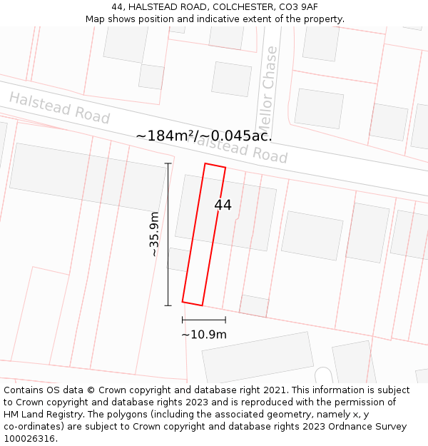 44, HALSTEAD ROAD, COLCHESTER, CO3 9AF: Plot and title map