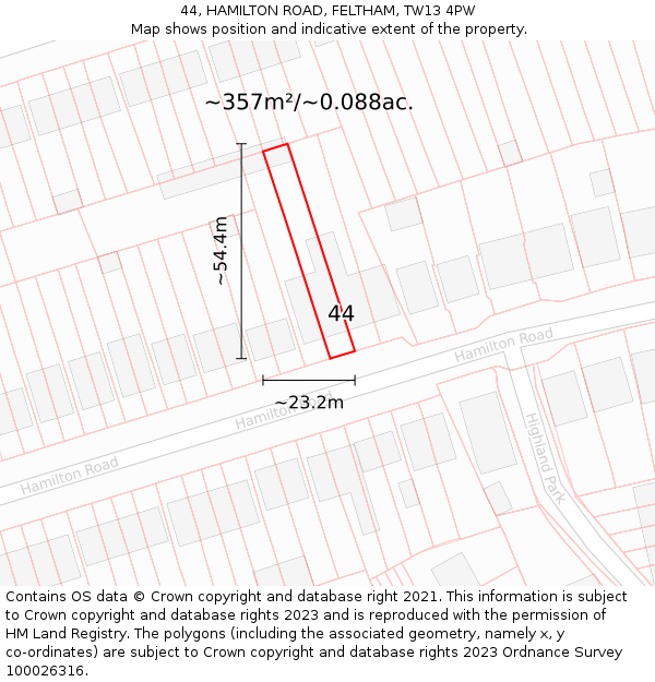 44, HAMILTON ROAD, FELTHAM, TW13 4PW: Plot and title map
