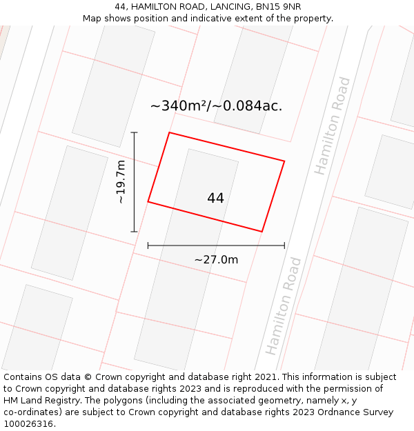 44, HAMILTON ROAD, LANCING, BN15 9NR: Plot and title map