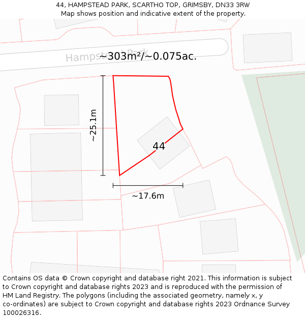 44, HAMPSTEAD PARK, SCARTHO TOP, GRIMSBY, DN33 3RW: Plot and title map