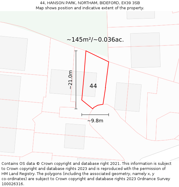 44, HANSON PARK, NORTHAM, BIDEFORD, EX39 3SB: Plot and title map