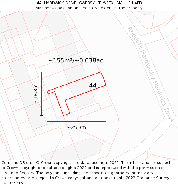 44, HARDWICK DRIVE, GWERSYLLT, WREXHAM, LL11 4FB: Plot and title map