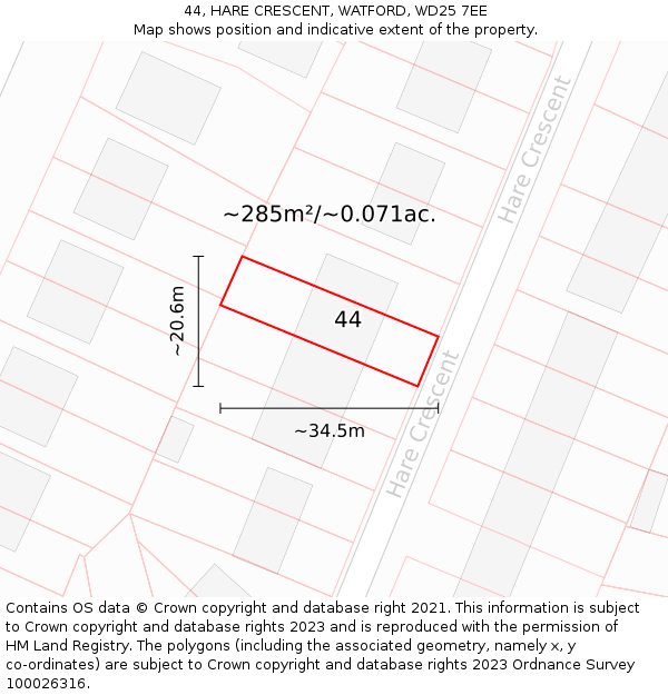 44, HARE CRESCENT, WATFORD, WD25 7EE: Plot and title map
