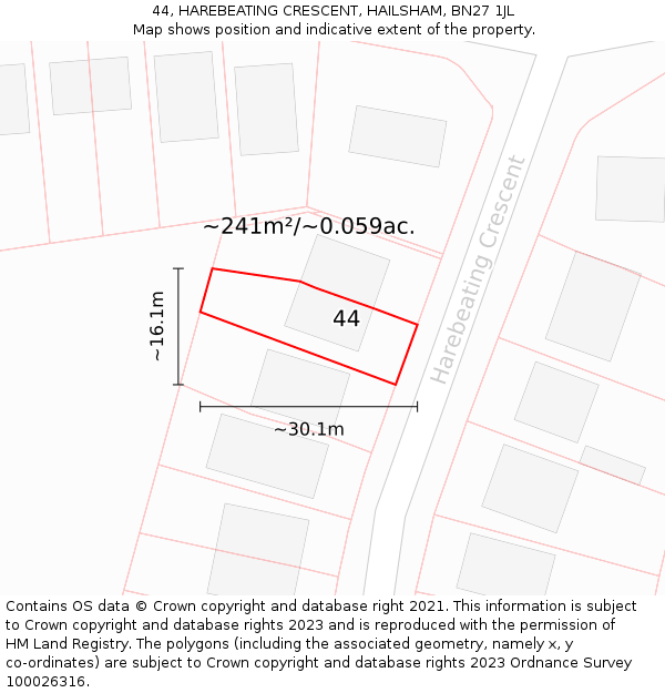44, HAREBEATING CRESCENT, HAILSHAM, BN27 1JL: Plot and title map