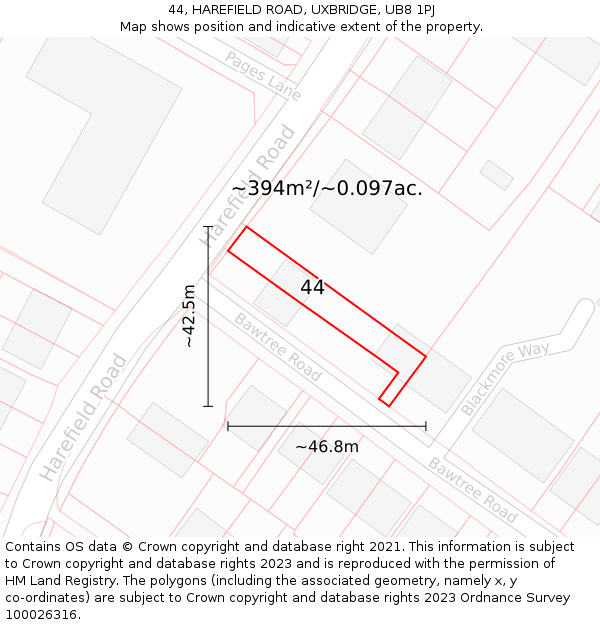 44, HAREFIELD ROAD, UXBRIDGE, UB8 1PJ: Plot and title map
