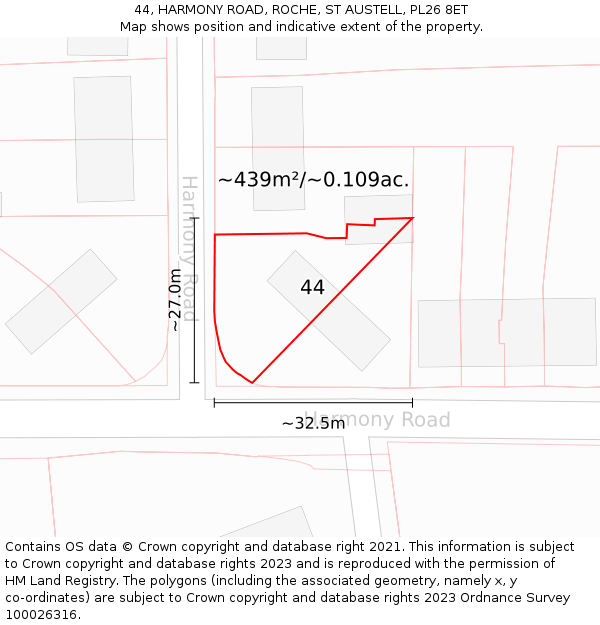 44, HARMONY ROAD, ROCHE, ST AUSTELL, PL26 8ET: Plot and title map