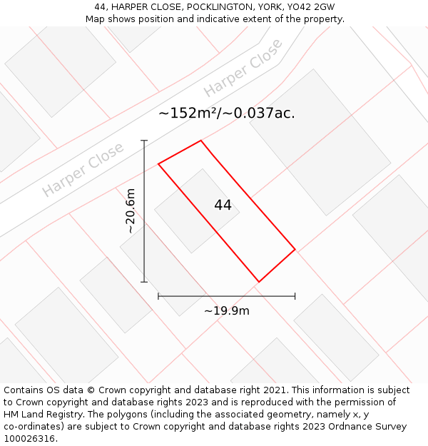 44, HARPER CLOSE, POCKLINGTON, YORK, YO42 2GW: Plot and title map