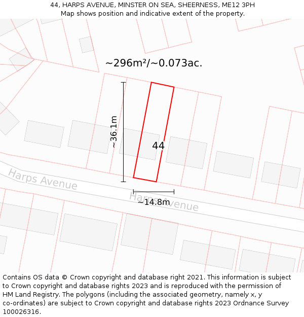 44, HARPS AVENUE, MINSTER ON SEA, SHEERNESS, ME12 3PH: Plot and title map