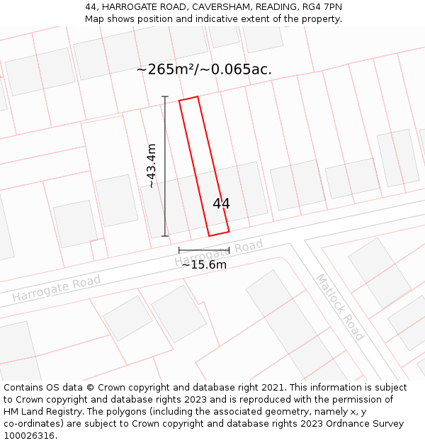44, HARROGATE ROAD, CAVERSHAM, READING, RG4 7PN: Plot and title map
