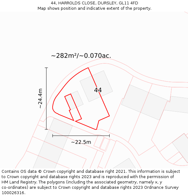 44, HARROLDS CLOSE, DURSLEY, GL11 4FD: Plot and title map