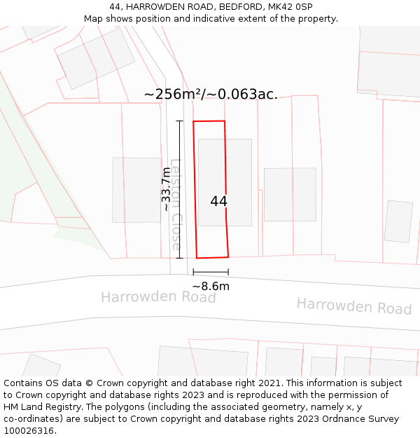 44, HARROWDEN ROAD, BEDFORD, MK42 0SP: Plot and title map