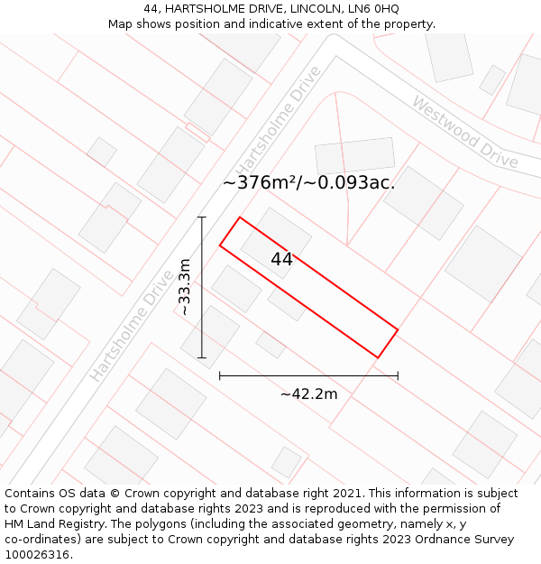 44, HARTSHOLME DRIVE, LINCOLN, LN6 0HQ: Plot and title map