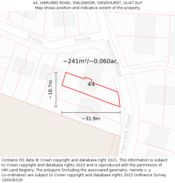 44, HARVARD ROAD, OWLSMOOR, SANDHURST, GU47 0UY: Plot and title map